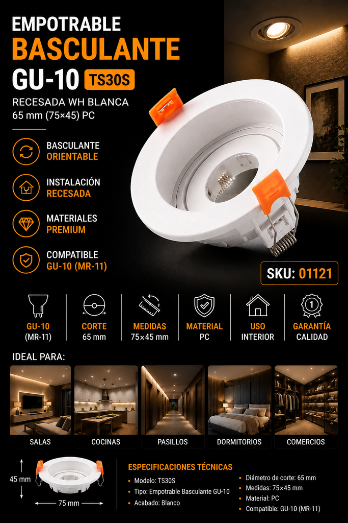 Empotrable Basculante GU-10 TS30S Recesada WH Blanca 65 mm (75x45) PC EVOLIGHT (MR-11)