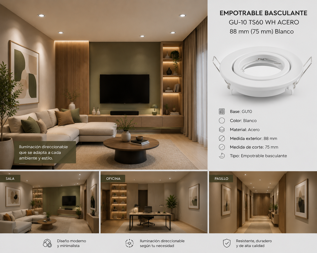 Empotrable Basculante GU-10 TS60 WH ACERO 88 mm (75 mm) Blanco