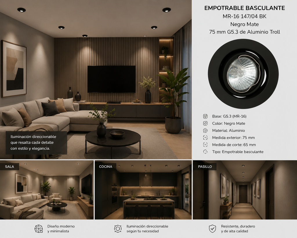Empotrable Basculante MR-16 147/04 BK Negro Mate 75 mm G5.3 de Aluminio Troll