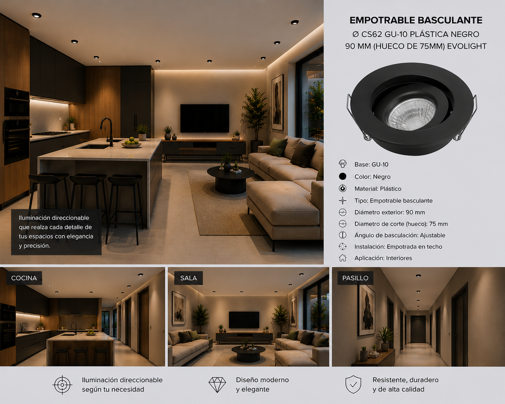 Empotrable Basculante Ø CS62 GU-10 Plástica 90 MM (Hueco de 75MM) Negro EVOLIGHT
