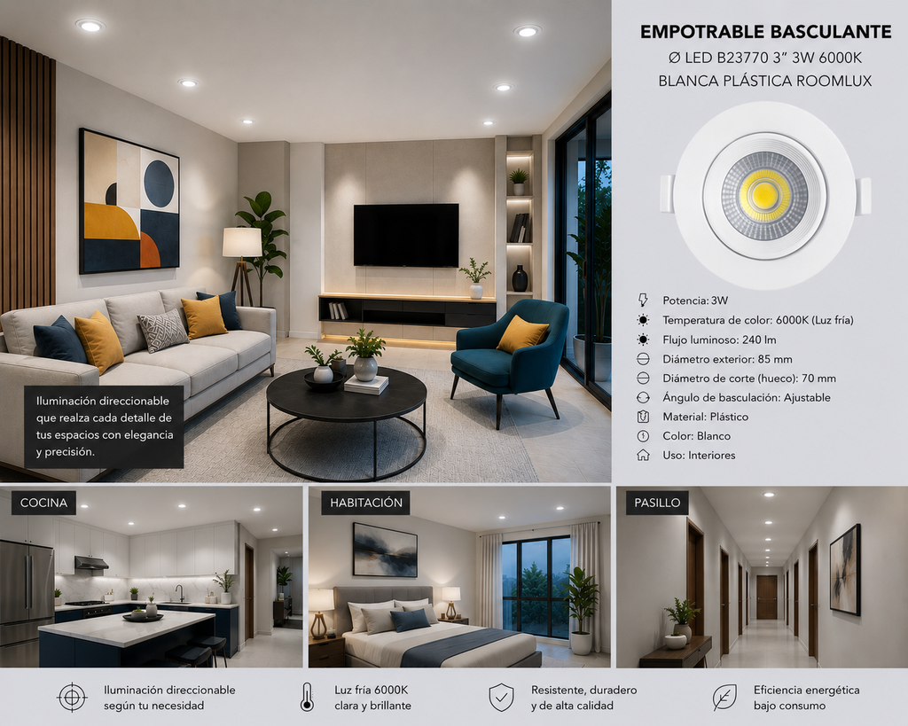 Empotrable Basculante Ø LED B23770 3" 3w 6000K Blanca Plástica ROOMLUX