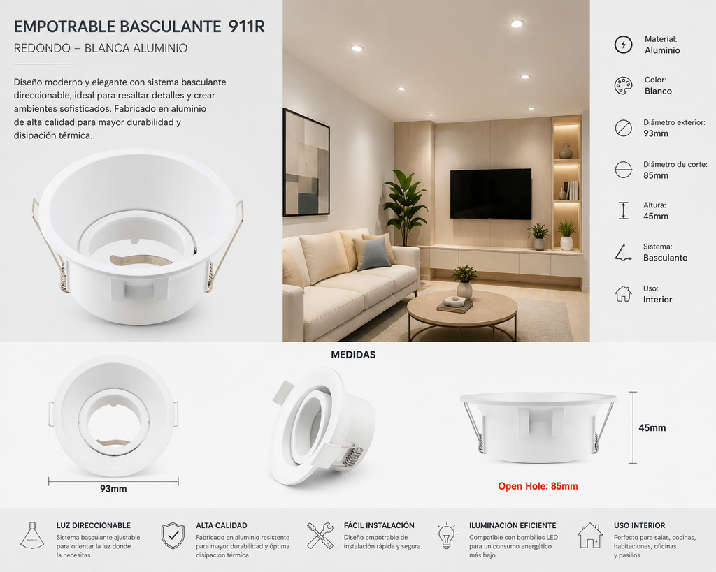 Empotrable Basculante 911R redondo Blanca Aluminio