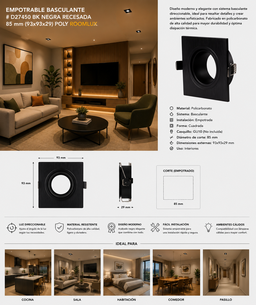 Empotrable Basculante # D27450 BK Negra Recesada 85 mm (93x93x29) POLY ROOMLUX