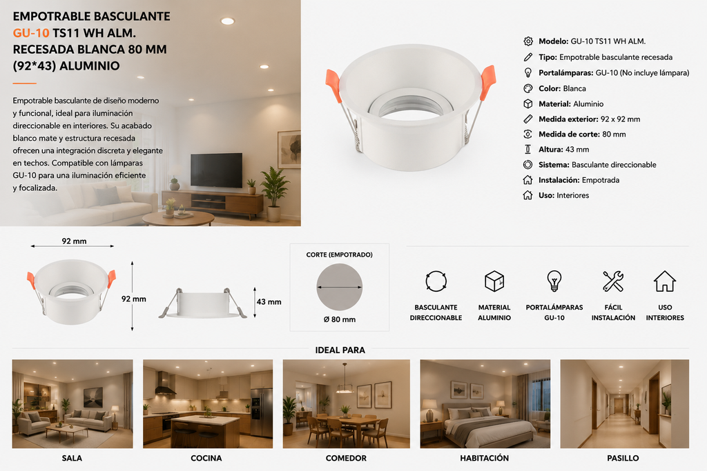 Empotrable Basculante Gu-10 TS11 WH ALM. Recesada Blanca 80 MM (92*43) Aluminio