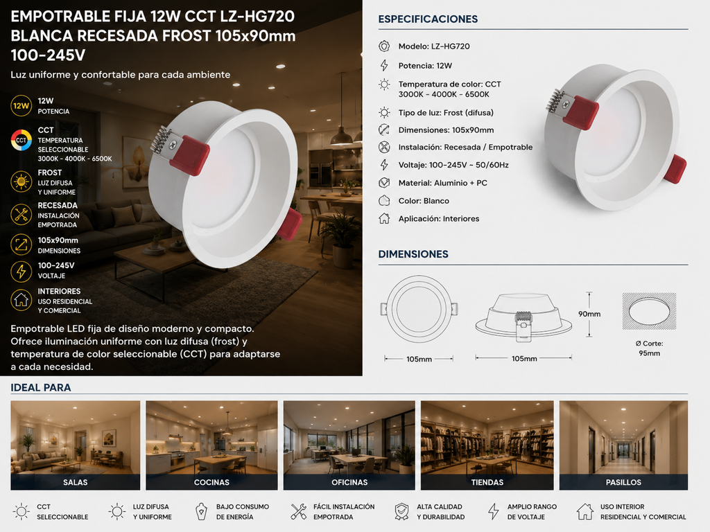 Empotrable Fija 12W CCT LZ-HG720 Blanca Recesada Frost 105x90mm 100-245v
