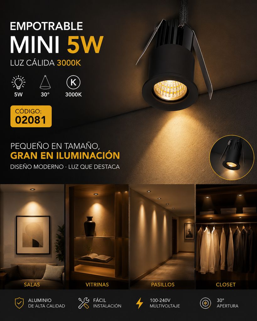 Empotrable Mini 5W 3000K LCS7240R-5 BK Negro Ø 35MM (40*59) 30° 100-240V Aluminio