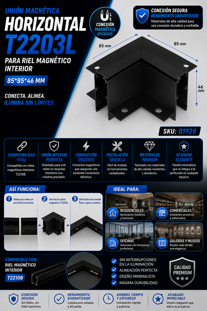 Unión Magnética Horizontal T2203L para Riel Magnético Interior 85*85*46 para Riel T2210B Negro