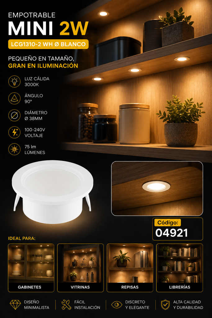 Empotrable Mini 2W 3000K LCG1310-2 WH Ø Blanco Ø 38MM (44*15) 90° 100-240V PC 75 lm 2/1