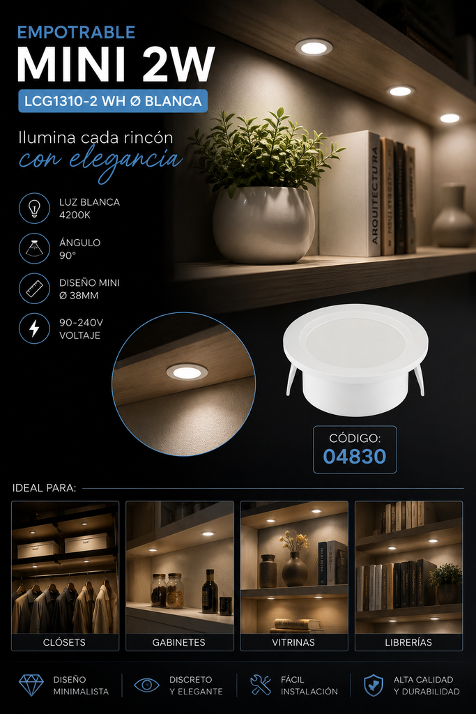 Empotrable Mini 2w 4200K LCG1310-2 WH Ø blanca Ø 38MM (44*15) 90° 100-240V Evolight 2/1