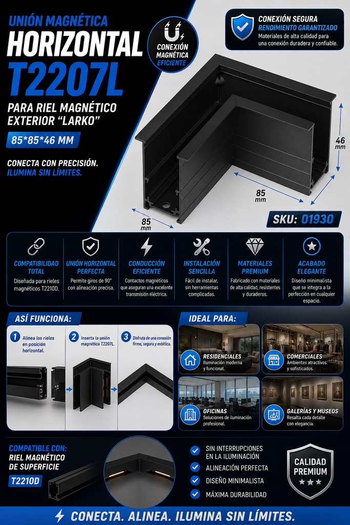 Unión Magnética Horizontal T2207L para Riel Magnético Exterior “LARKO” 85*85*46 para Riel T2210D Negro
