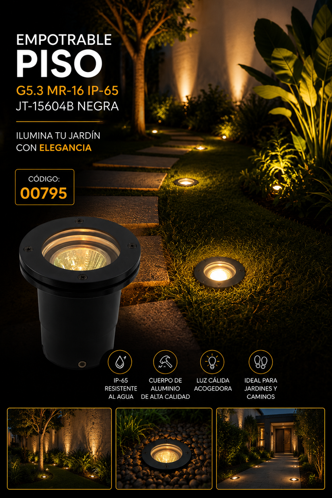 Empotrable Piso G5.3 JT-15604B MR-16 IP-65 Cuerpo de Aluminio Negra