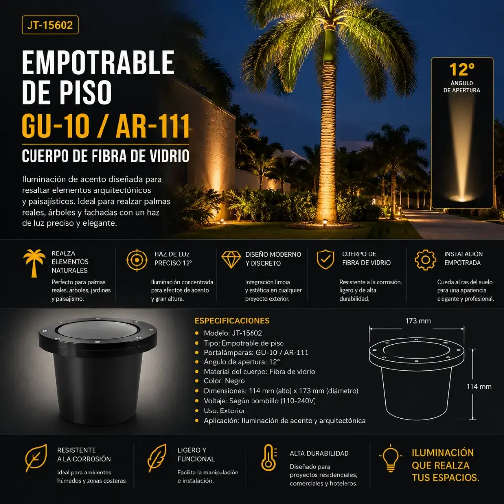 Empotrable de Piso GU-10 JT-15602 AR-111 Cuerpo de Fibra de Vidrio 114H X 173 Al, IP-65