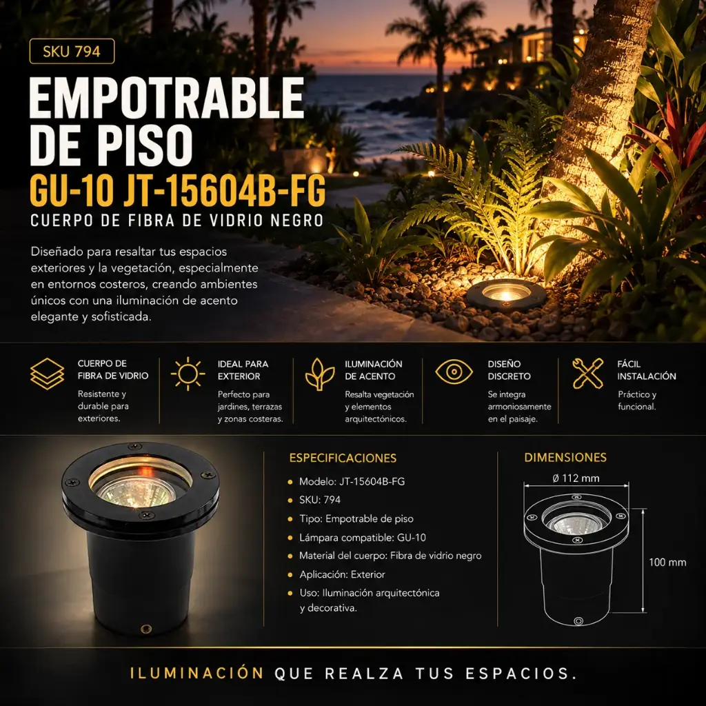 Empotrable de piso GU-10 JT-15604B-FG cuerpo de fibra de vidrio negro IP-65