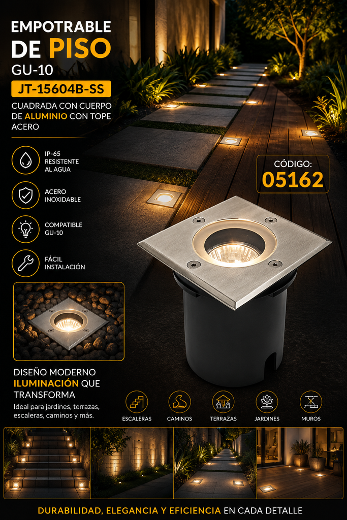 Empotrable Piso GU-10 JT-15604B-SS 110mm IP-65 Cuadrada con Cuerpo de Aluminio con Tope Acero