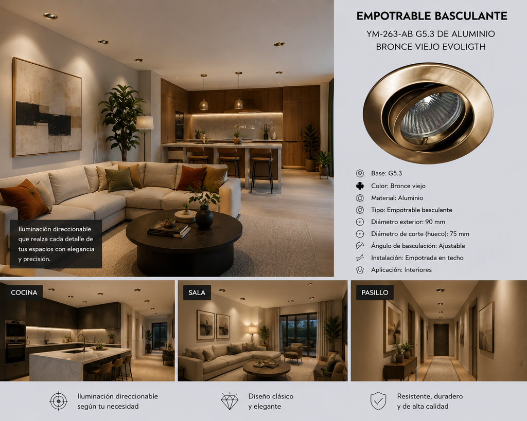 Empotrable Basculante YM-263-AB G5.3 de Aluminio Bronce Viejo EVOLIGTH