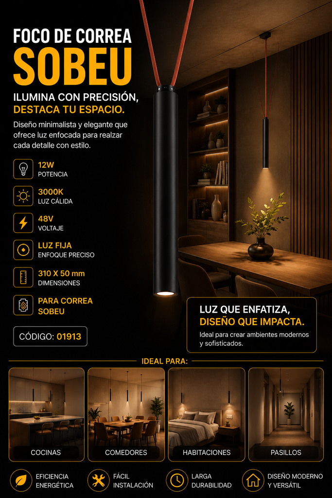 Foco de Correa 12w 3000k LRX0830-12 Fijo 48v 310 x 50 mm ¨SOBEU¨