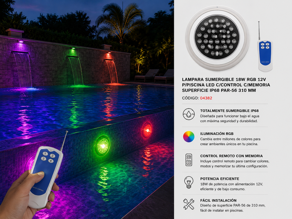 Lampara Sumergible 18W RGB 12V P/Piscina LED C/Control C/Memoria Superficie IP68 PAR-56 310 mm