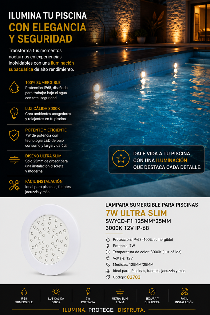 Lampara Sumergible Piscina 7W Ultra Slim SWYCD-F1 125MM*25MM 3000K 12V IP-68 para Piscinas