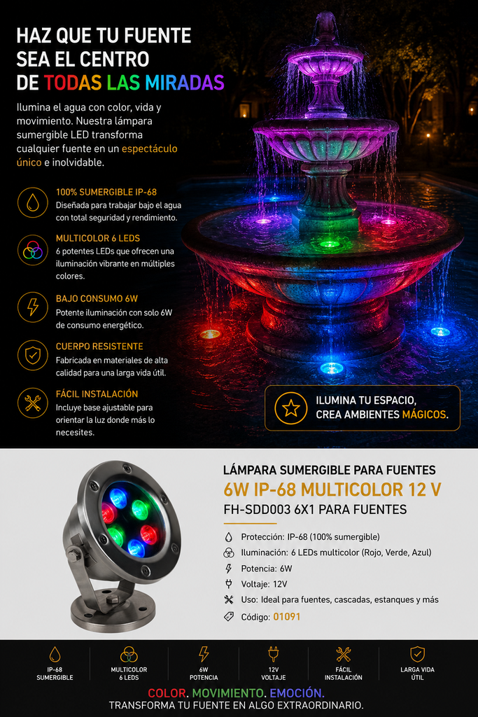 Lampara Sumergible 6w IP-68 MULTICOLOR 12 V FH-SDD003 6X1 PARA FUENTES