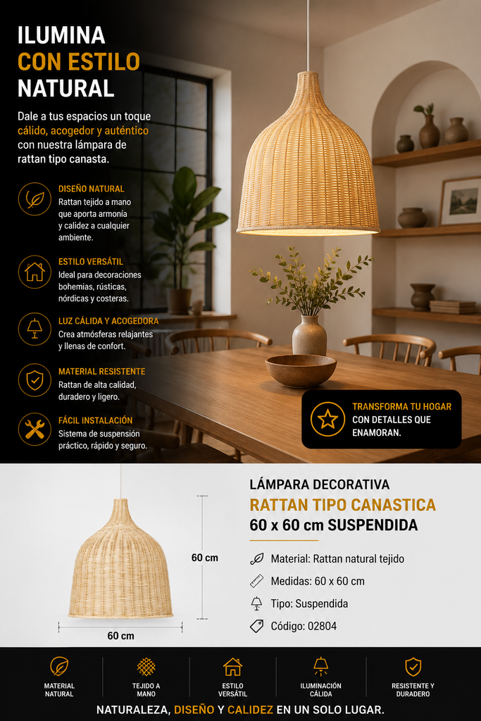 Lampara Decorativa de Rattan Tipo Canastica 60x60 cm Suspendida