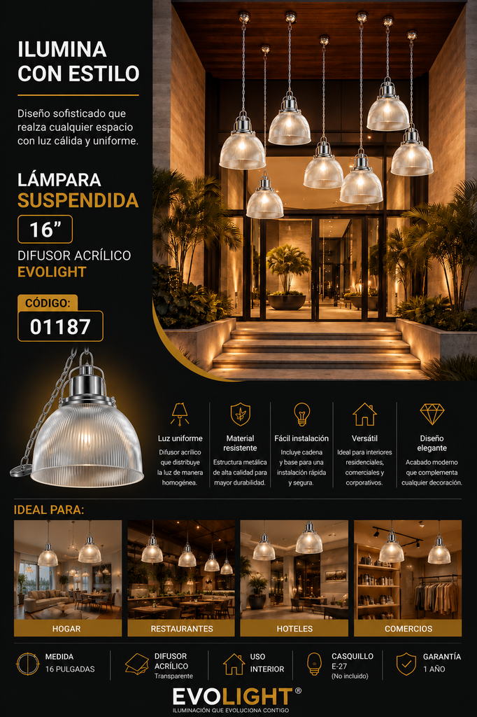 Lampara Suspendida 16" Difusor Acrílico EVOLIGHT