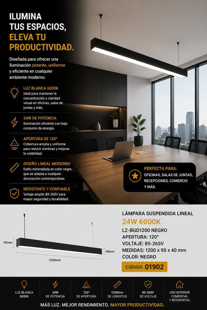Lampara Suspendida 24w 6000k LZ-BGD1200 Negro Lineal 120° 85-265V 1200X95x40
