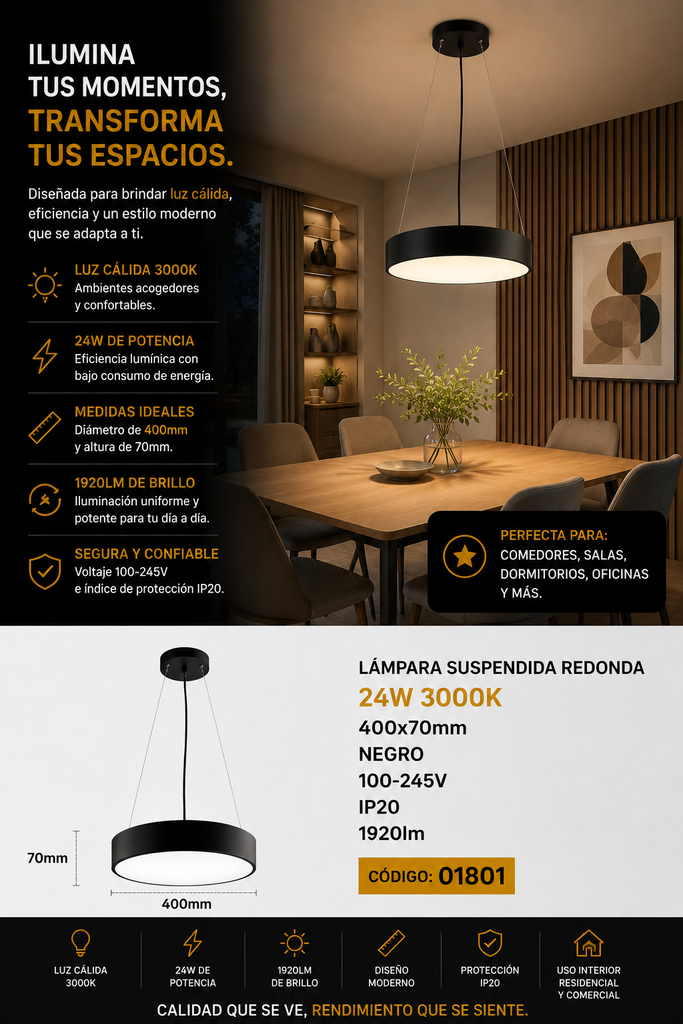 Lampara Suspendida Redonda 120W 3000K 1000x70mm Negro 100-245V IP20 9600lm