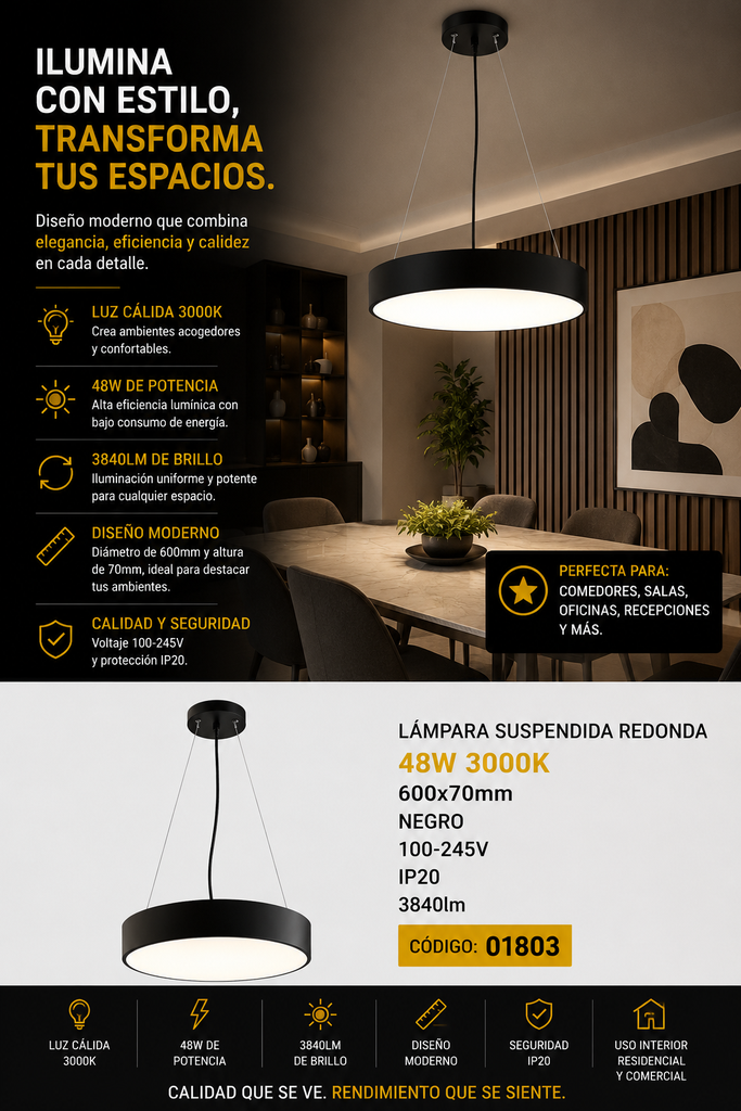 Lampara Suspendida Redonda 48W 3000K 600x70mm Negro 100-245V IP20 3840lm