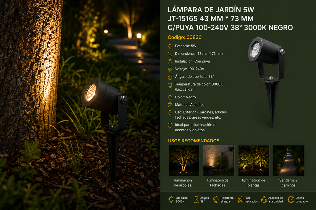 Lampara de Jardín 5W JT-15165 43 mm * 73 mm C/Puya 100-240V 38º 3000K Negro