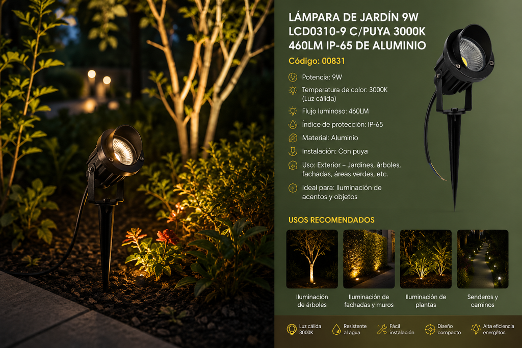 Lampara de Jardín 9W LCD0310-9 C/Puya 3000K 460LM IP-65 de Aluminio