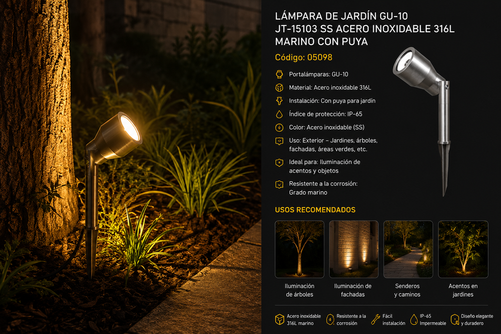 Lampara de Jardín GU-10 JT-15103 SS Acero Inoxidable 316L Marino con Puya (outlet)