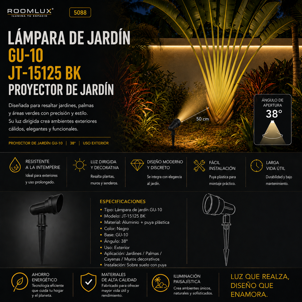 Lampara de jardin gu-10. JT-15125 BK proyector de jardín aluminio c/puya plástica color negro