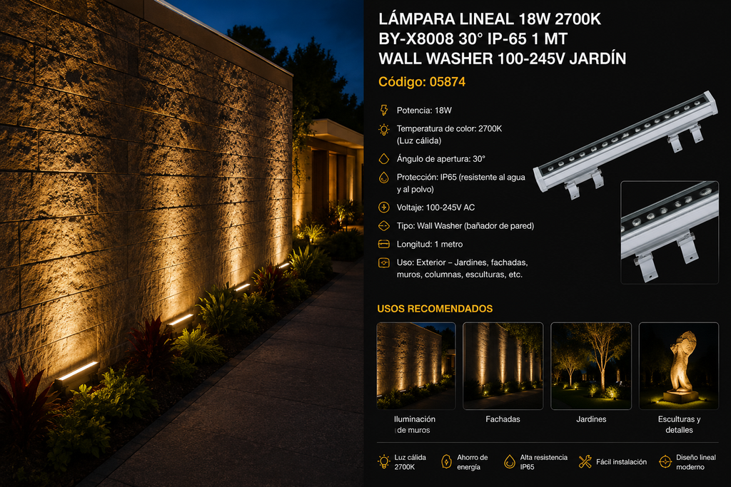 Lampara Lineal 18w 2700K BY-X8008 30º IP -65 1 MT WALL WASHER 100-245V Jardín