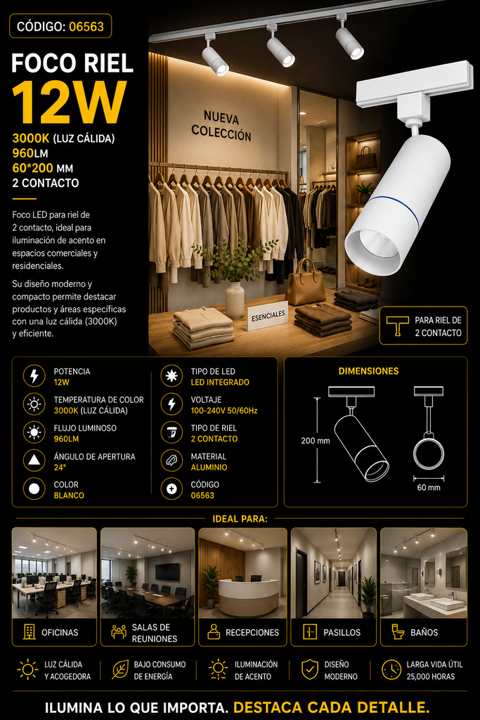 Foco Riel 12W 3000K B30330 WH 24º Blanco 960LM 60*200 mm 2 Contactos ROOMLUX