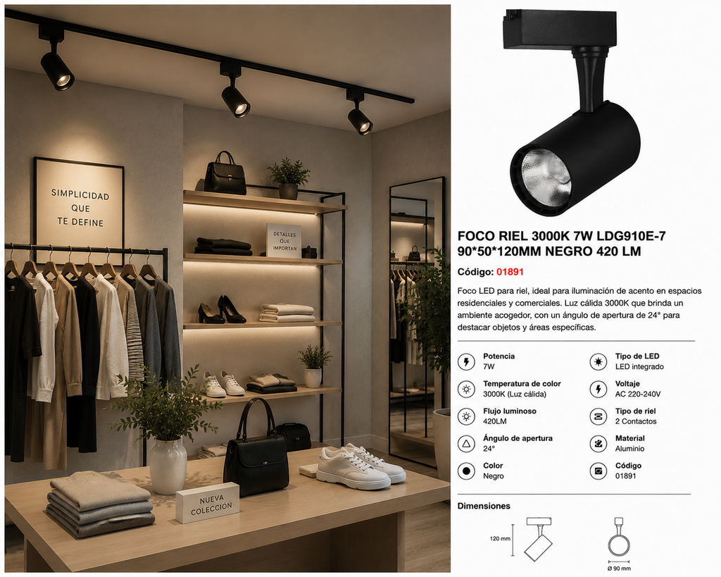 Foco Riel 3000K 7W LDG910E-7 90*50*120mm Negro 420 lm