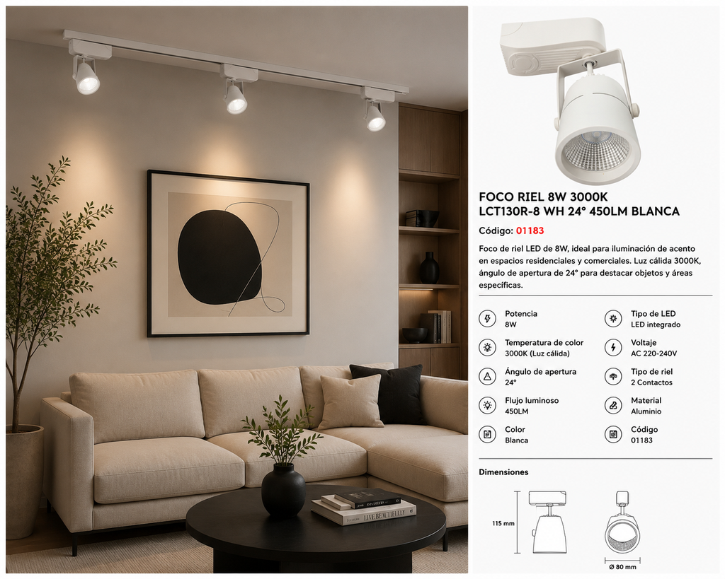 Foco Riel 8W 3000K LCT130R-8 WH 24º 450LM Blanca EVOLIGHT