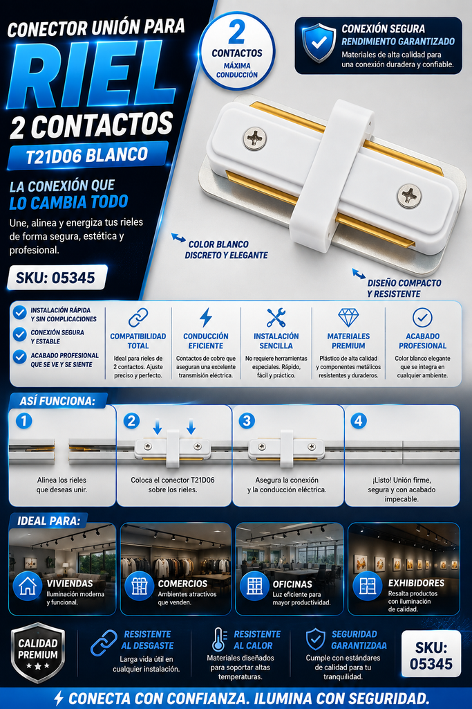Conector Unión para Riel 2 Contactos T21D06 Blanco