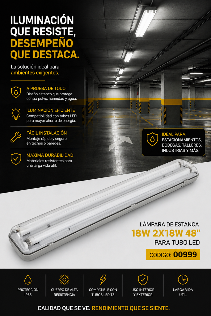 Lampara de Estanca 18W 2X18W 48¨ para Tubo LED Elecluz