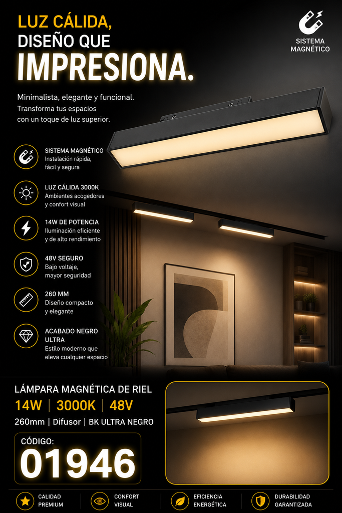 Lampara Magnética Riel 14W 3000K TX2240S-14 260mm 48v Difusor BK ULTRA NEGRO