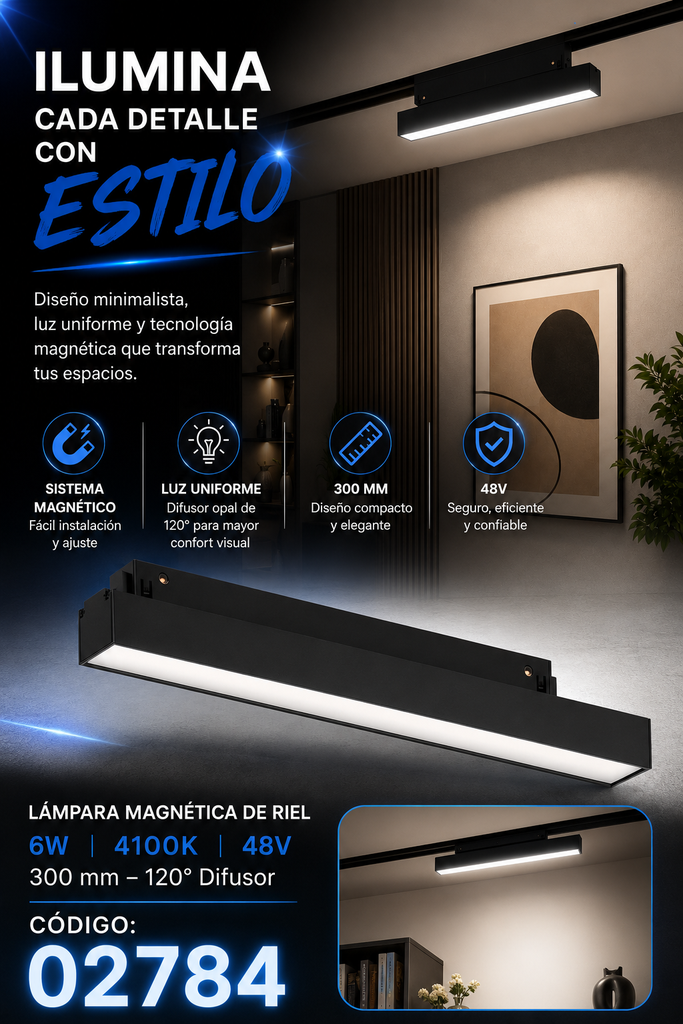 Lampara Magnética de Riel 6w 4100K 300 mm 120º 48 v 300 mm Difusor