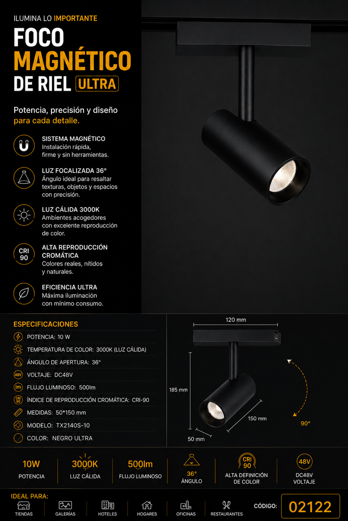 Foco Magnético de Riel 10 W 3000K TX2140S-10 36º DC48V 500lm CRI-90 50*150 mm Negro Ultra