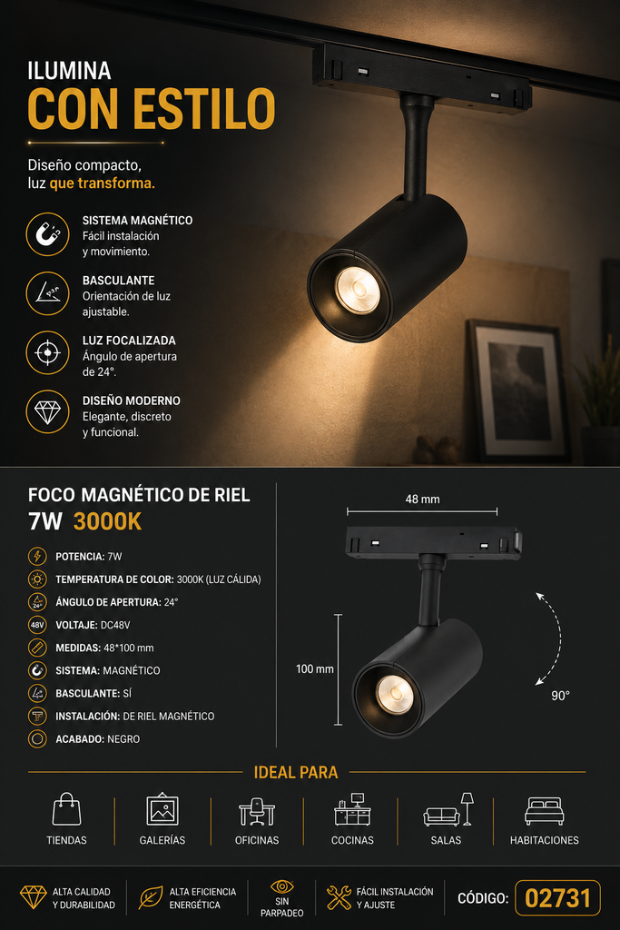 Foco Magnético Riel 7W 3000K 48*100 mm 24º DC48V Magnético LZ-GD7