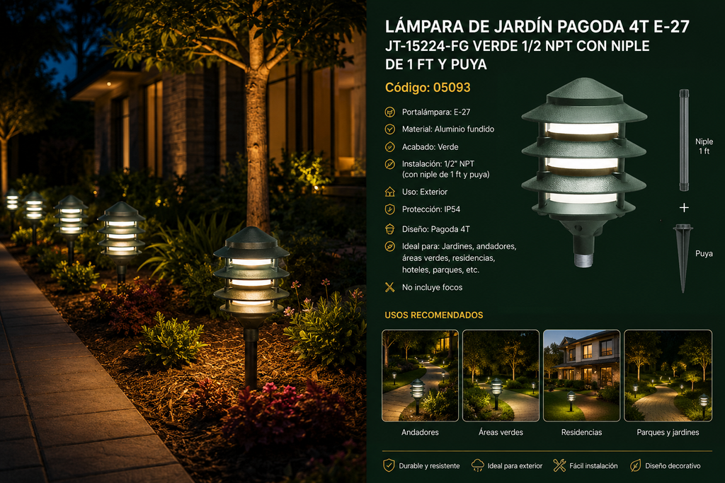 Lampara de Jardín Pagoda 4T E-27 JT-15224-FG Verde 1/2 NPT Con Niple de 1 FT y Puya