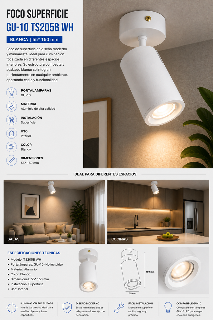 Foco Superficie GU-10 TS205B WH Blanca 55* 150 mm EVOLIGHT