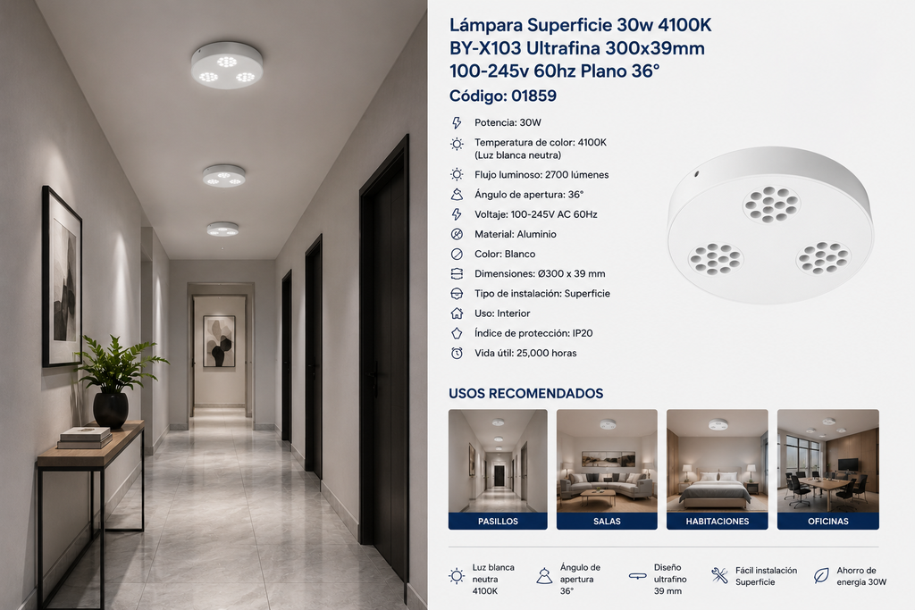 Lámpara Superficie 30w 4100K DOTS BY-X103 Negra Ultrafina 300x39mm 100-245v 60hz Negro Plano 36º