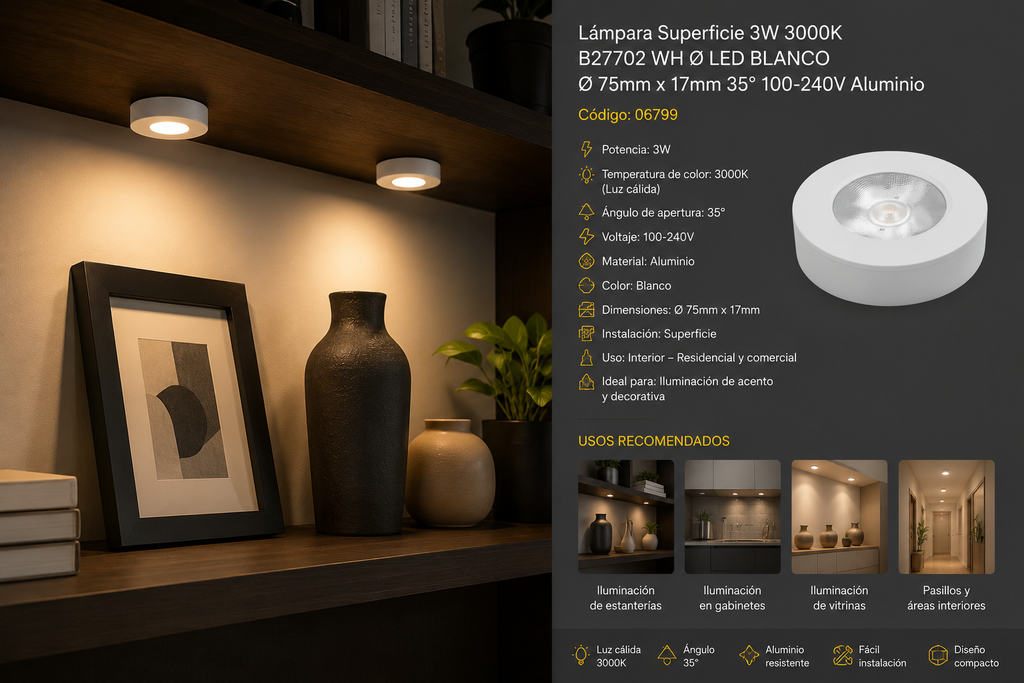 Lámpara Superficie 3W 3000K B27702 WH Ø LED Blanco Ø 75mm x 17mm 35° 100-240V Aluminio