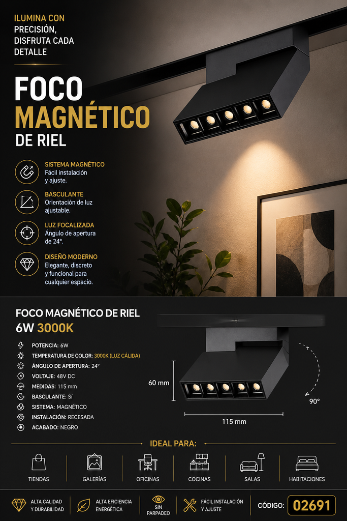 Foco Magnético de Riel LED 6W 3000K Recesado Basculante 24° 48V DC