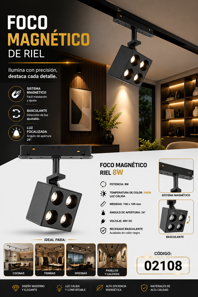 Foco Magnético Riel 8w 3000k 100*100MM Recesado Basculante 48v DC 24º