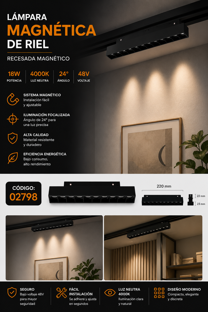 Lampara Magnética de 18w 4000k LG/GS-18N 24° 48V Recesada Magnético