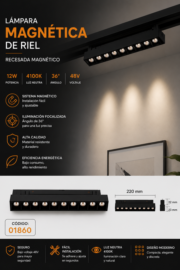 Lampara Magnética de Riel 12w 4100K 220mm 36° 48 V Recesada Magnético